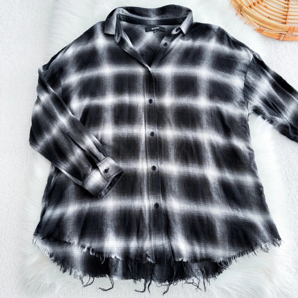 Hudson Oversized Flannel Button Down Shirt Raw Hem Distressed Plaid Black Gray - Picture 4 of 12